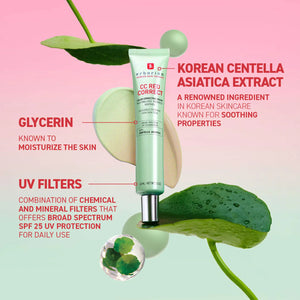 Erborian CC Red Correct Green Color-Corrector SPF 25 to Cover Redness, with Korean Centella Asiatica Extract - Volare Makeup