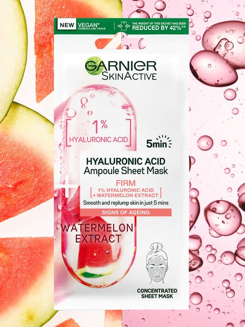 GARNIER SKIN ACTIVE AMPOULE 1% Hyaluronic Acid + Watermelon Firming Ampoule Sheet Mask Face Mask Volare Makeup   