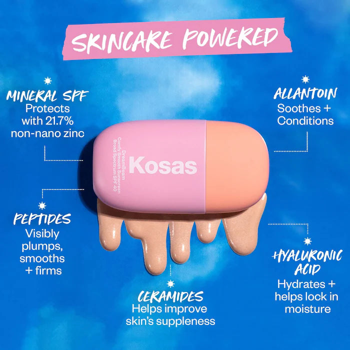 Kosas DreamBeam Silicone-Free Mineral Sunscreen SPF 40 with Ceramides and Peptides  Volare Makeup   