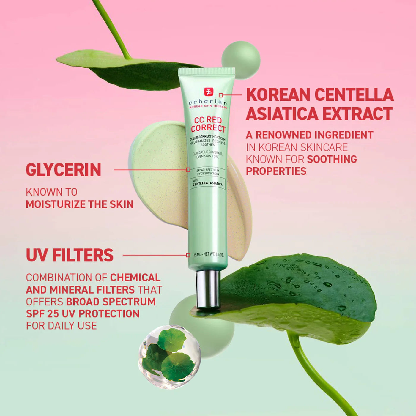 Erborian  CC Red Correct Green Color-Corrector SPF 25 to Cover Redness, with Korean Centella Asiatica Extract - Volare Makeup