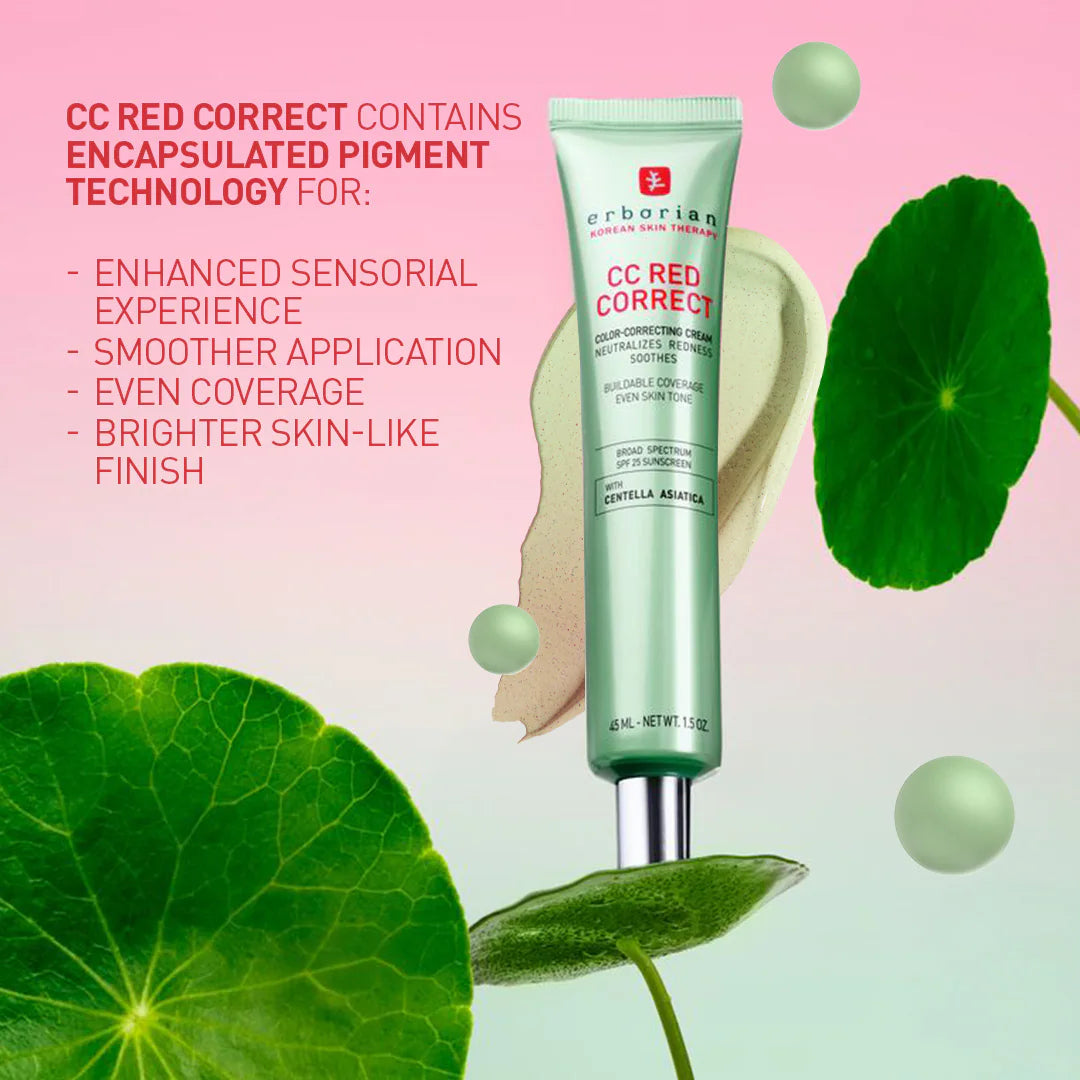 Erborian  CC Red Correct Green Color-Corrector SPF 25 to Cover Redness, with Korean Centella Asiatica Extract - Volare Makeup